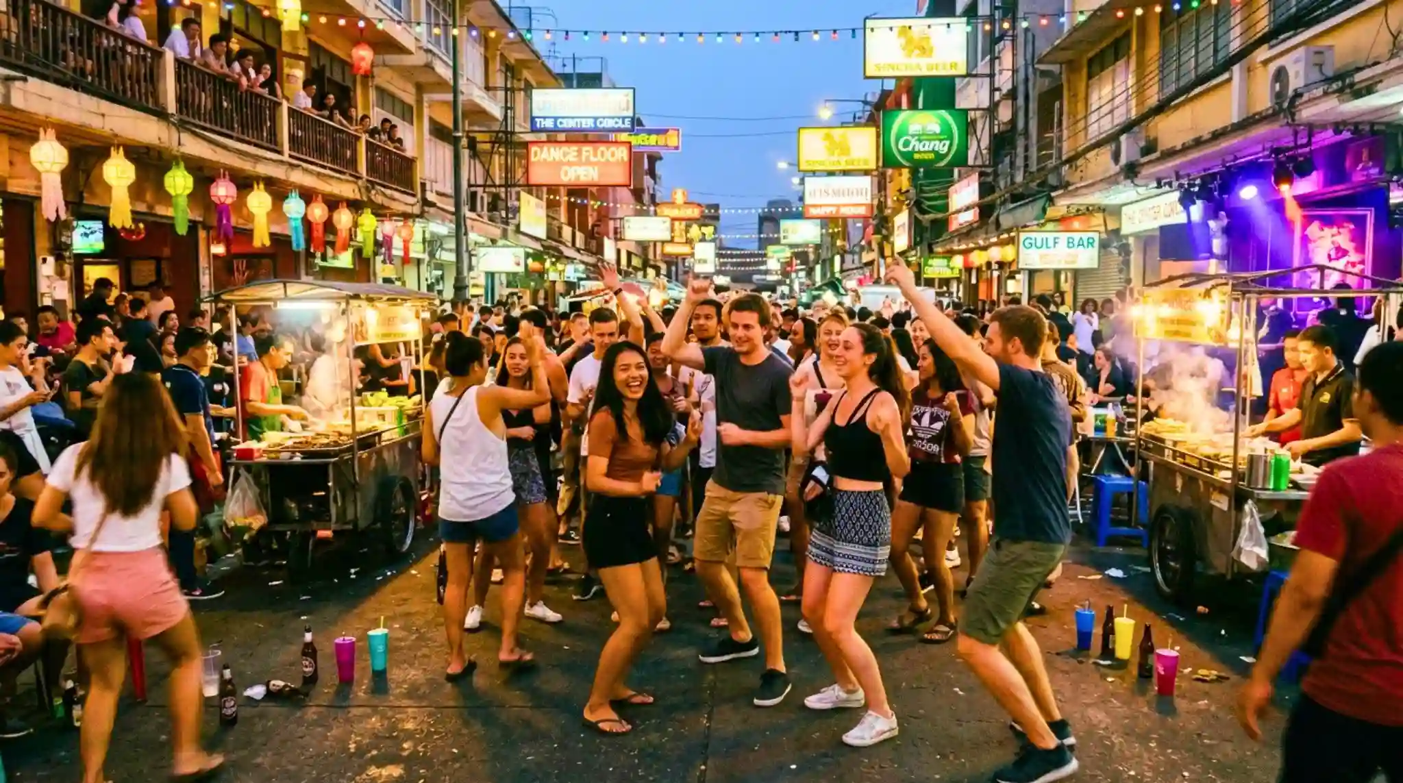Gente Bailando en la Calle Khao San Road, Bangkok. Tailandia