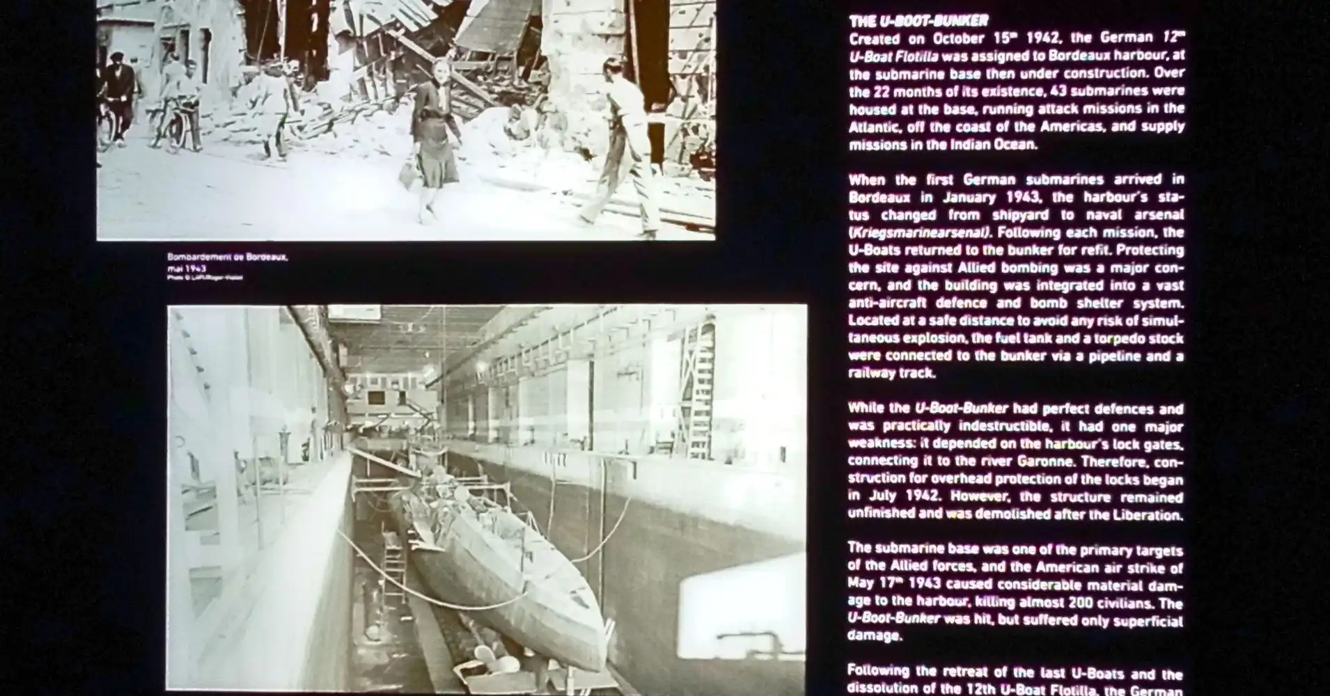 Historia de la Base de Submarinos Nazi. Les Bassins des Lumières, Burdeos.