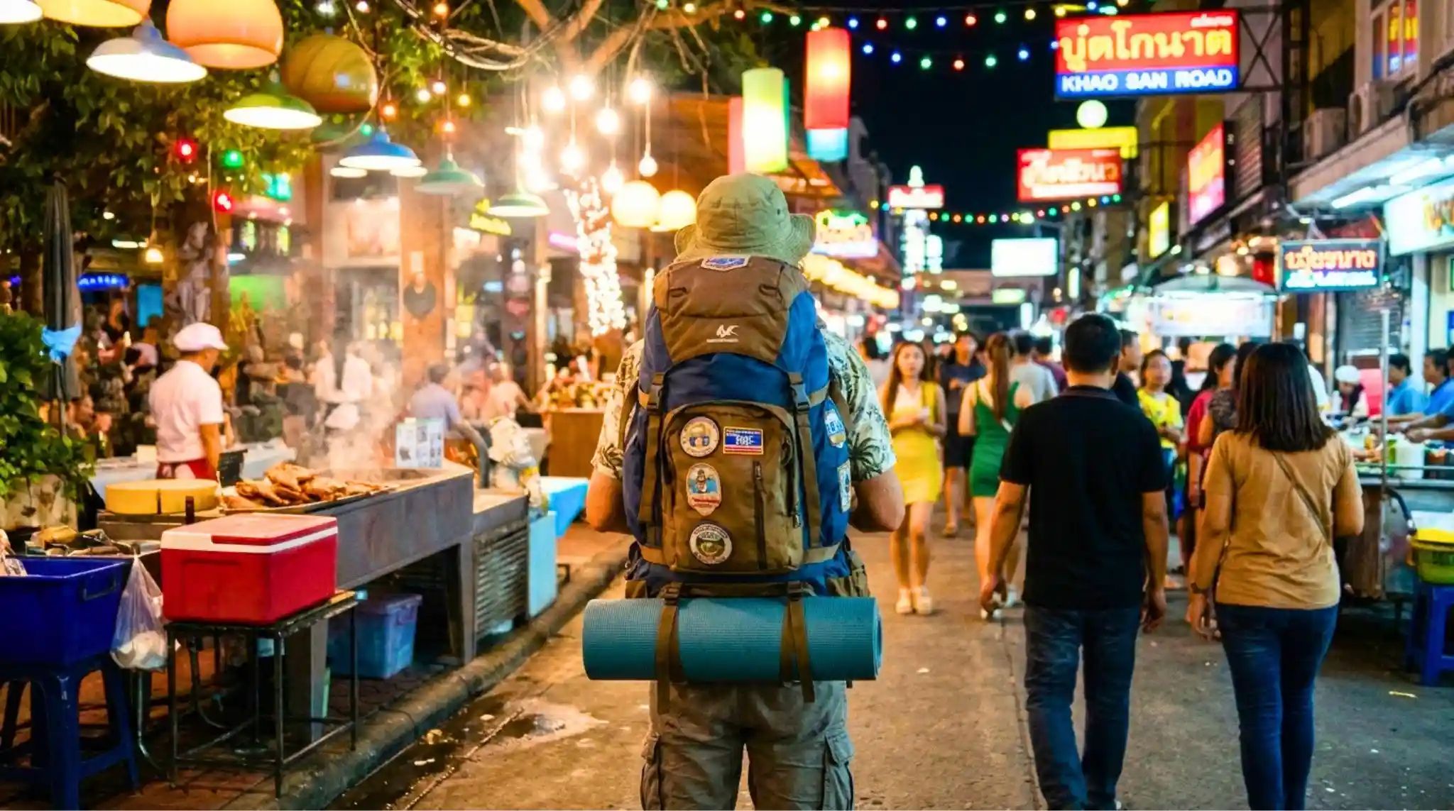 Mochilero en Khao San Road, Bangkok, Tailandia.