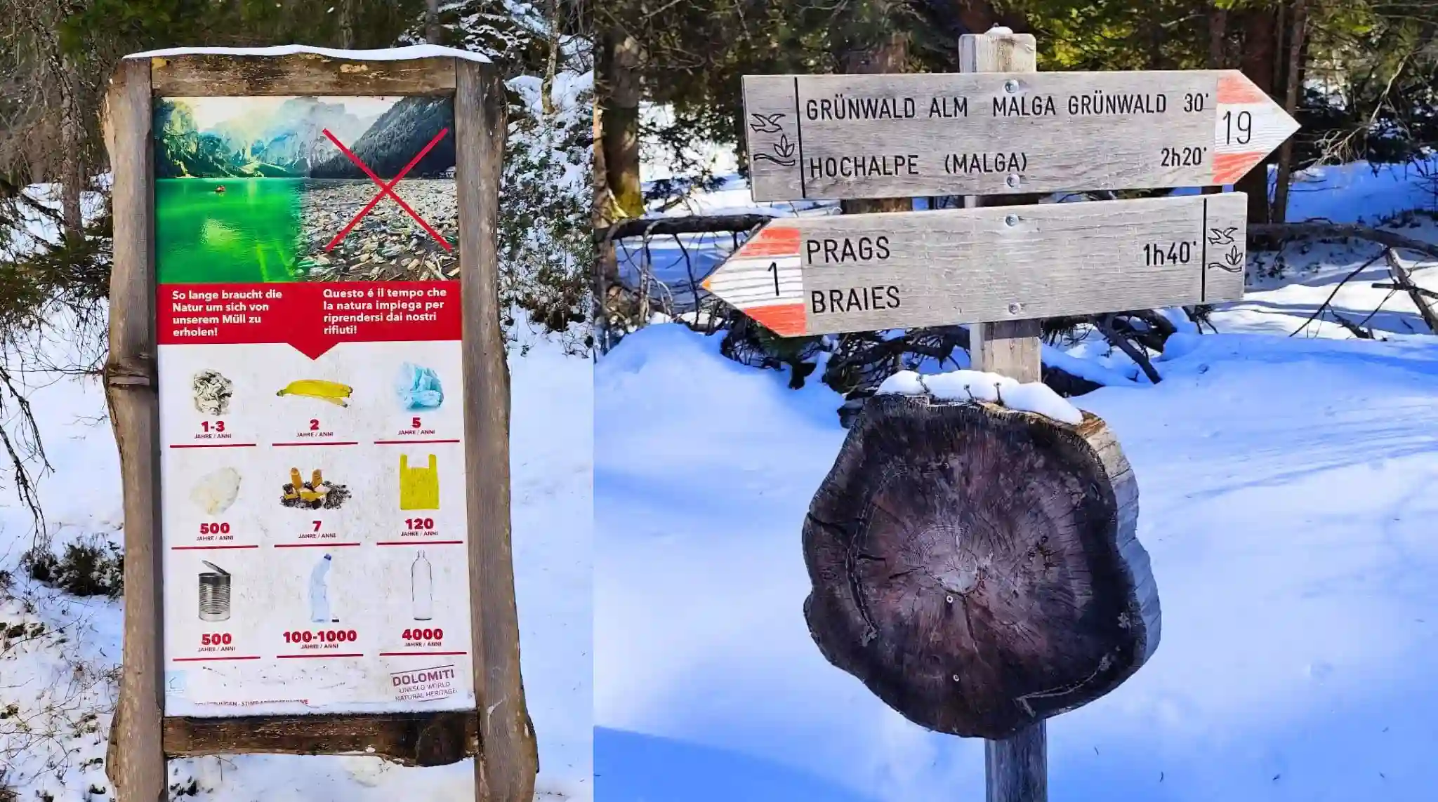 Paneles Informativos Sendero en Invierno en el Lago di Braies. Dolomitas. Italia. Paneles Informativos Sendero en Invierno en el Lago di Braies. Dolomitas. Italia.