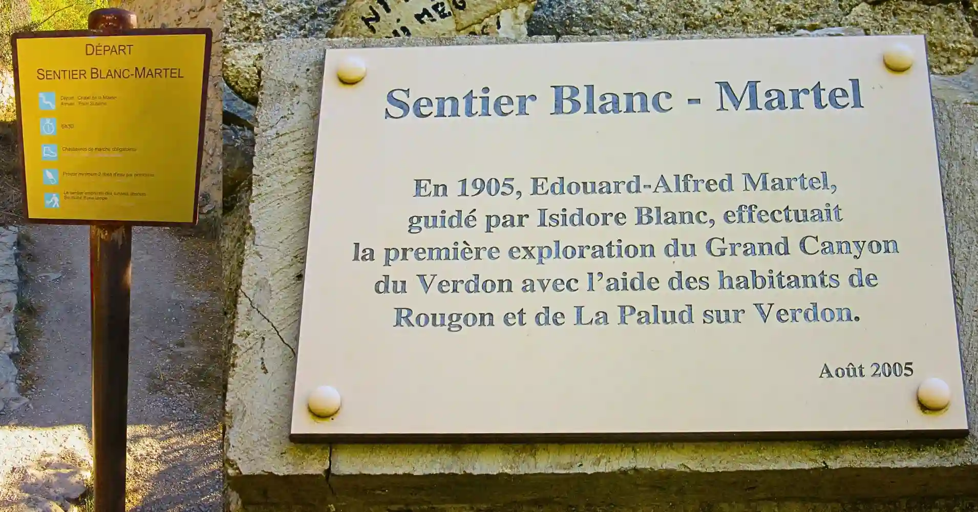 Placa del Sendero Blanc Martel. Chalet de la Maline. Gargantas del Verdon. Francia.