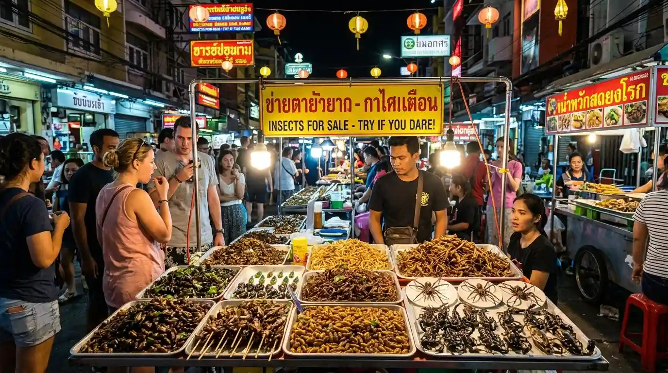 Puesto de Insectos en la Calle Khao San Road, Bangkok. Tailandia