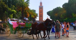 Calesas y Mezquita de la Koutoubia. Marrakech, Marruecos.