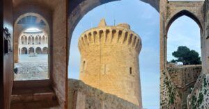 Detalles y Torre del Castillo de Bellver. Isla de Mallorca, Islas Baleares.