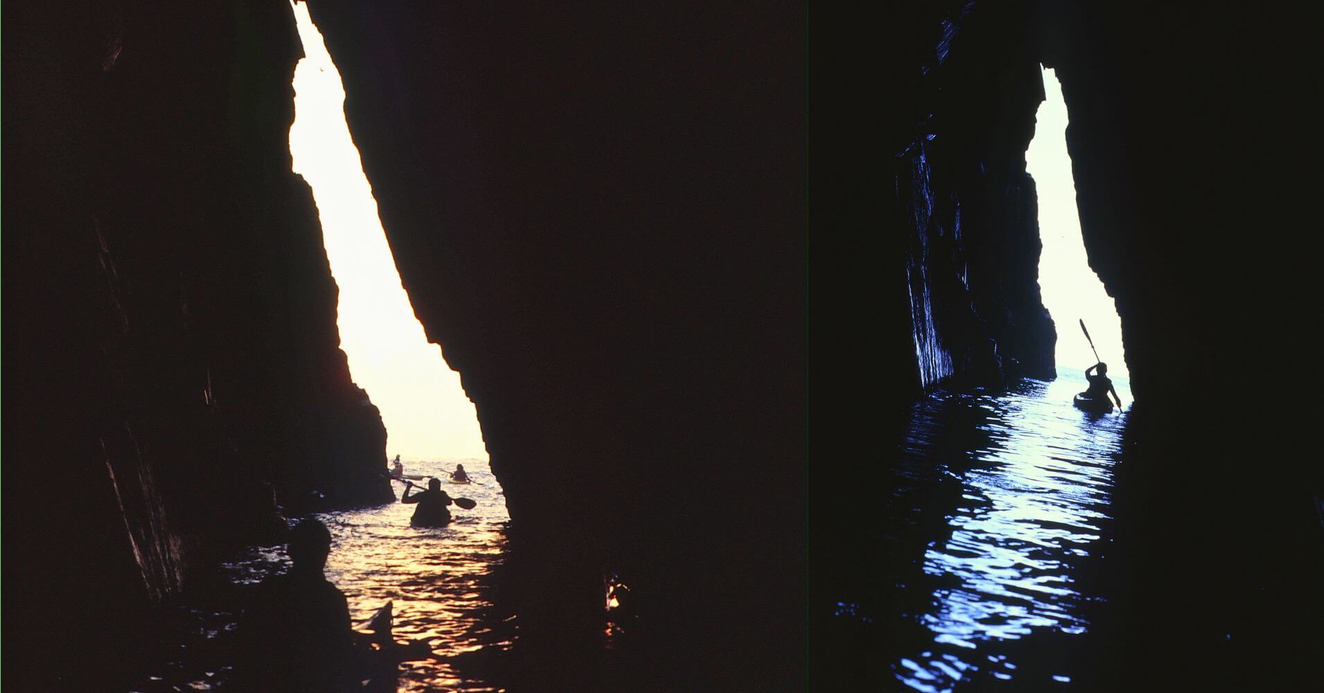 Entrada de la Cueva d’ en Gispert en Kayak. Tamariu, Costa Brava. Gerona.