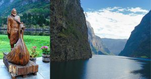 Estatua de Leif Erikson en Gudvangen. Sognefjord, Fiordo de los Sueños. Vestald, Noruega.