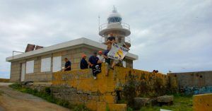 Faro de Islas Cíes. Isla del Medio o del Faro. Acampada en Islas Cíes. Pontevedra, Galicia.