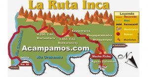 Mapa Ruta Inca Machu Picchu. Perú.