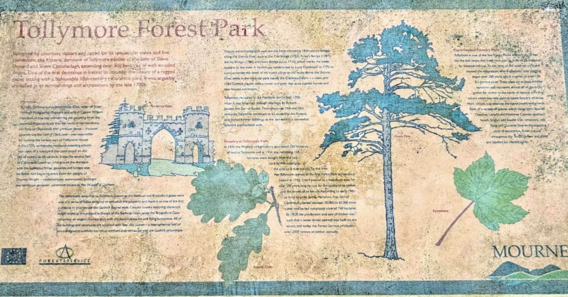 Panel Informativo de Tollymore Forest Park. Irlanda del Norte y Juego de Tronos.
