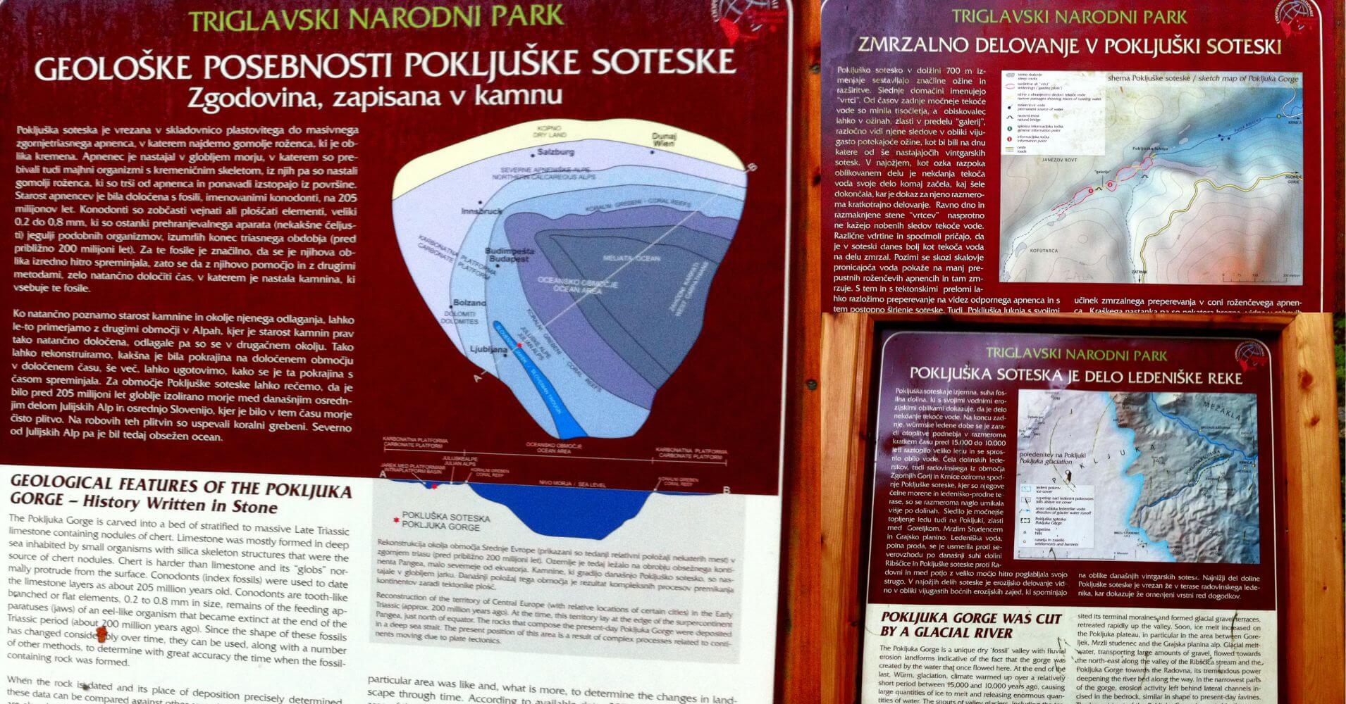 Paneles Informativos de la Garganta Pokljuka Soteska. Krinica, Alta Carnolia. Gorenjska, Parque Nacional de Trivlav. Eslovenia.